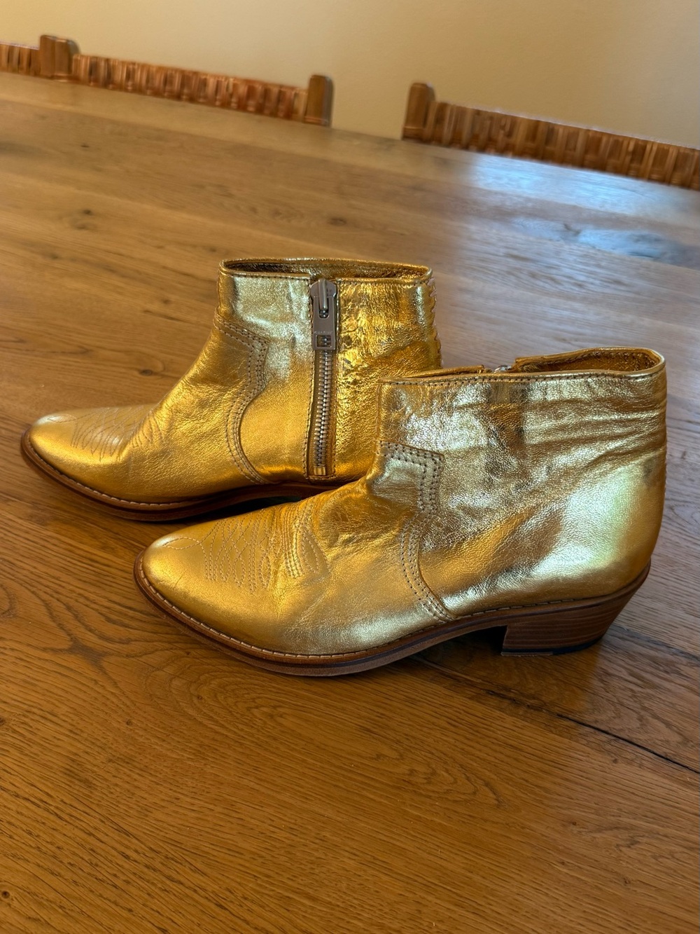 Zadig & Voltaire Metallic Gold Leather Ankle Western Boots